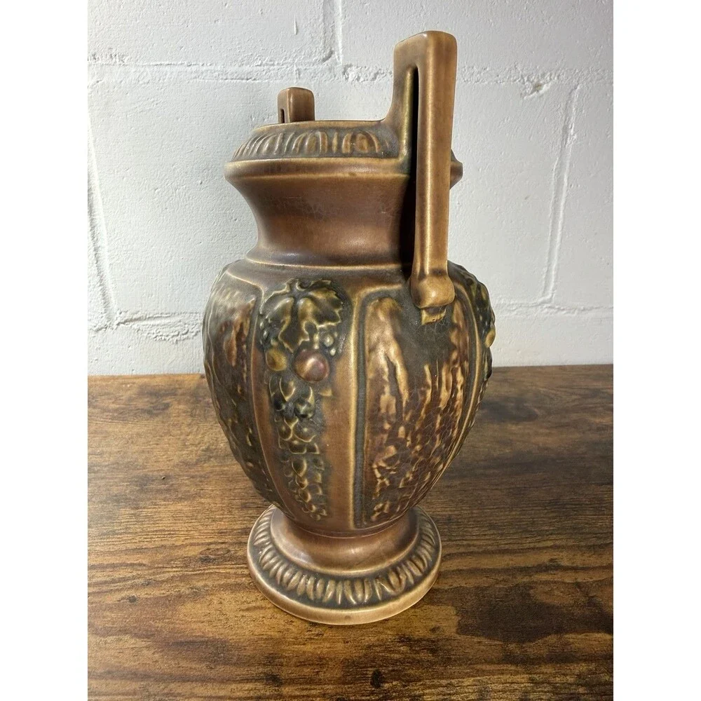 Roseville Pottery Grapevine Amphora Vase Double Handle Brown Art Pottery 8.5”